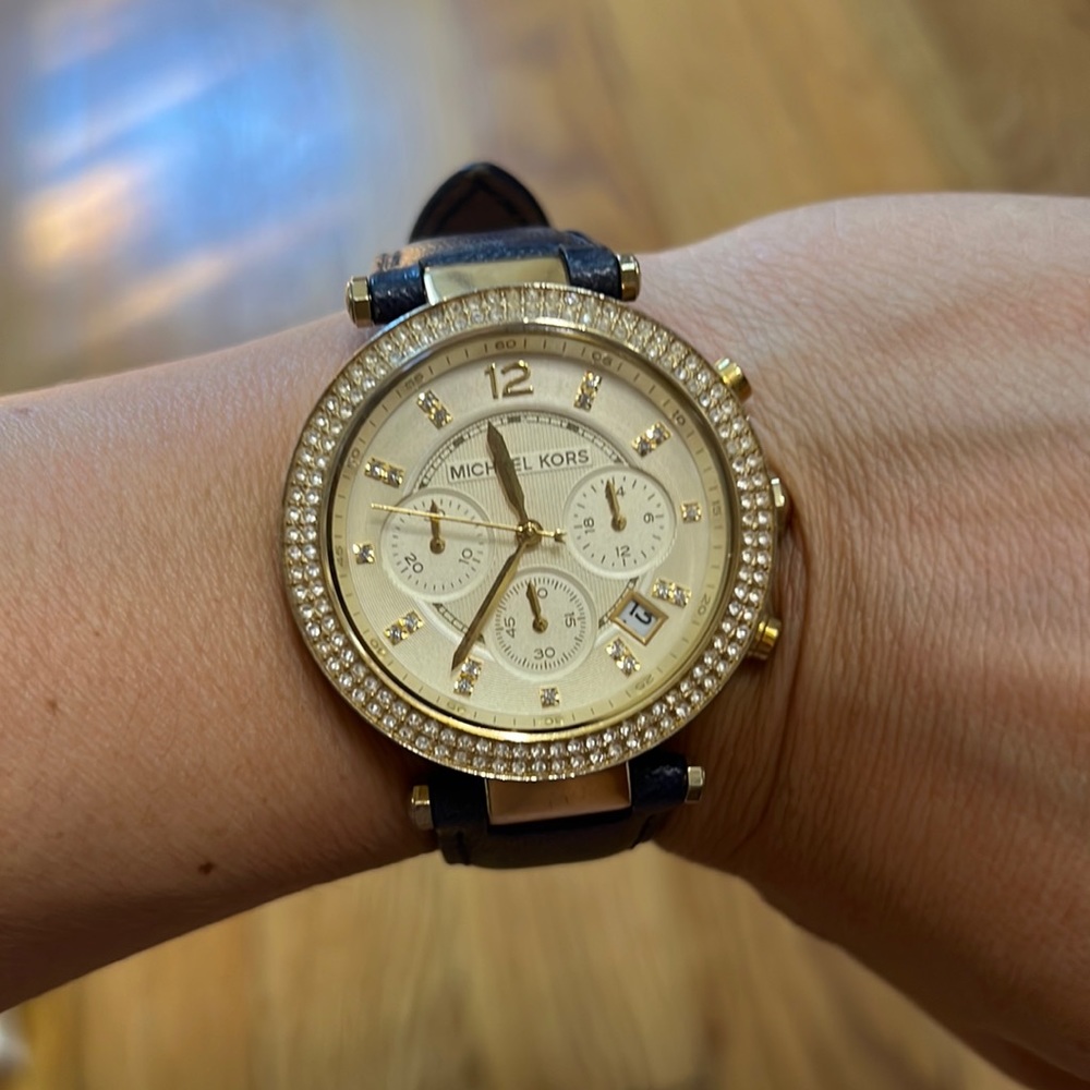 Gold and Navy blue leather band Michael Kors watch (needs battery)
